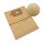 Brauner Papier-Staubsaugerbeutel, mit einer rechteckigen Anschlussplatte und einer runden &Ouml;ffnung und einer Schmutzklappe, schr&auml;g und flach liegend angeordnet, inklusiver Lupennahaufnahme des Materials.