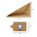 Ma&szlig; Bild des Papier-Staubsaugerbeutels, leicht aufgeplusterte Seitenansicht des Beutels und Nahaufnahme der Anschlussplatte mit Ma&szlig;e.