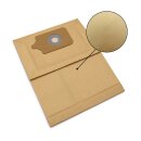 Brauner Papier-Staubsaugerbeutel, mit einer rechteckigen Anschlussplatte und einer runden &Ouml;ffnung und einer Schmutzklappe, schr&auml;g und flach liegend angeordnet, inklusiver Lupennahaufnahme des Materials.