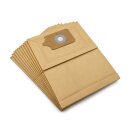 10 braune Papier-Staubsaugerbeutel, f&auml;cherf&ouml;rmig angeordnet, mit einer rechteckigen Anschlussplatte mit leicht abgerundeten und abgeschr&auml;gten Ecken, einer runden &Ouml;ffnung und einer Schmutzklappe.