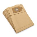 10 braune Papier-Staubsaugerbeutel, f&auml;cherf&ouml;rmig angeordnet, mit querrechteckigen Anschlussplatten und darin runden &Ouml;ffnungen inklusive Schmutzklappe.