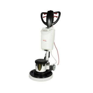 Ansicht der Sprintus Hercules Einscheibenmaschine, wartungsfreies Stahlgetriebe, das Ger&auml;t ist in wei&szlig; gehalten. an der hochwertigen Edelstahl-Deichsel sind gro&szlig;e ergonomische Bedienelemente aus Kunstsstoff&nbsp;angebracht. Frontal auf der Deichsel sitzt der 12 L Frischwassertank. 12m signalrotes Netzkabel